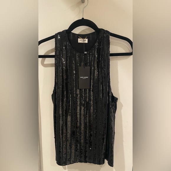 Saint Laurent Black 100% Silk and Sequin Sleeveless Blouse Size 40